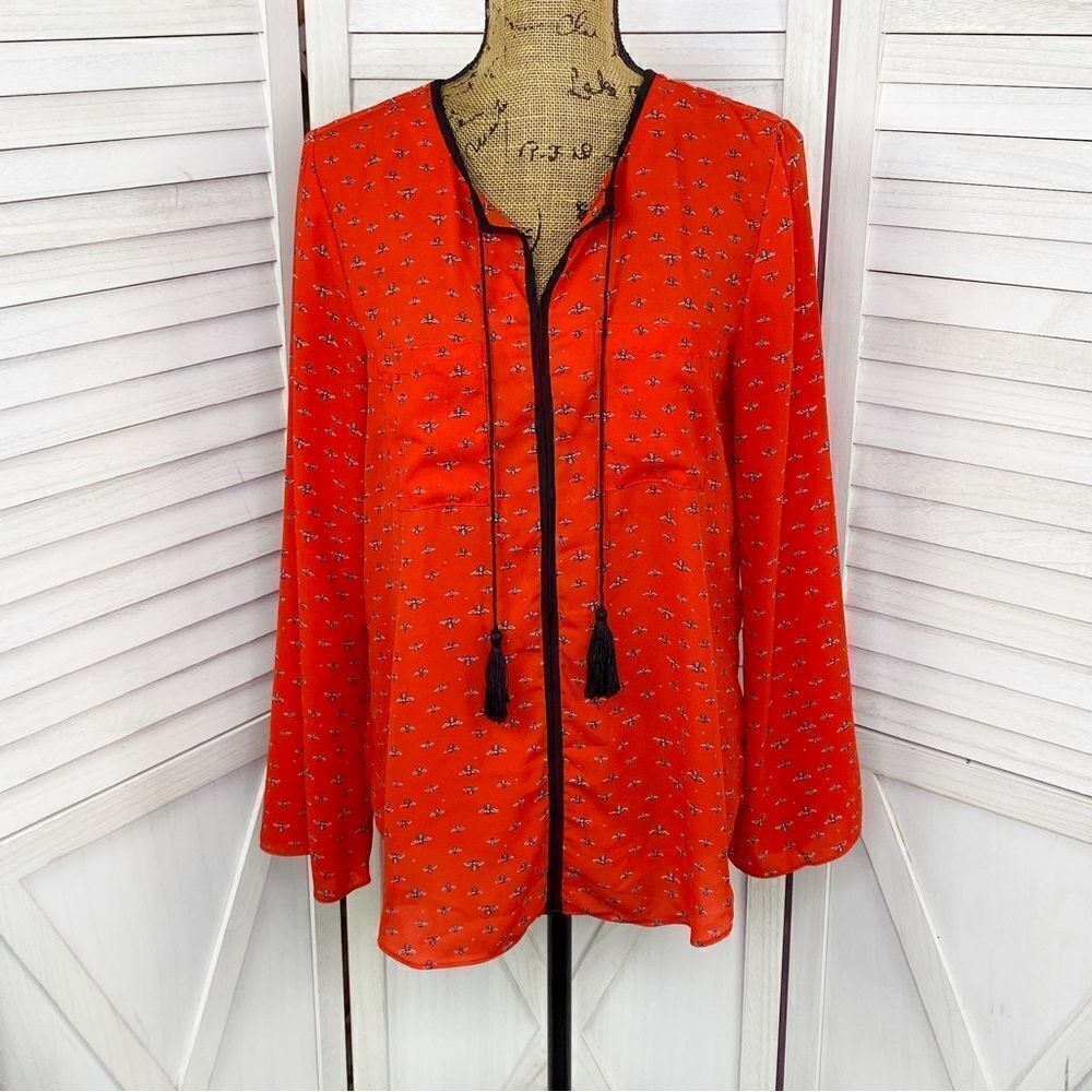 Libby Edelman‎ Bumble Bee Blouse Red Black Medium Long Bell Sleeve